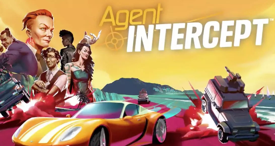 Agent Intercept artwork. A group of agents to the left, sports car below, and sea and mountains around. Stylised vector art.