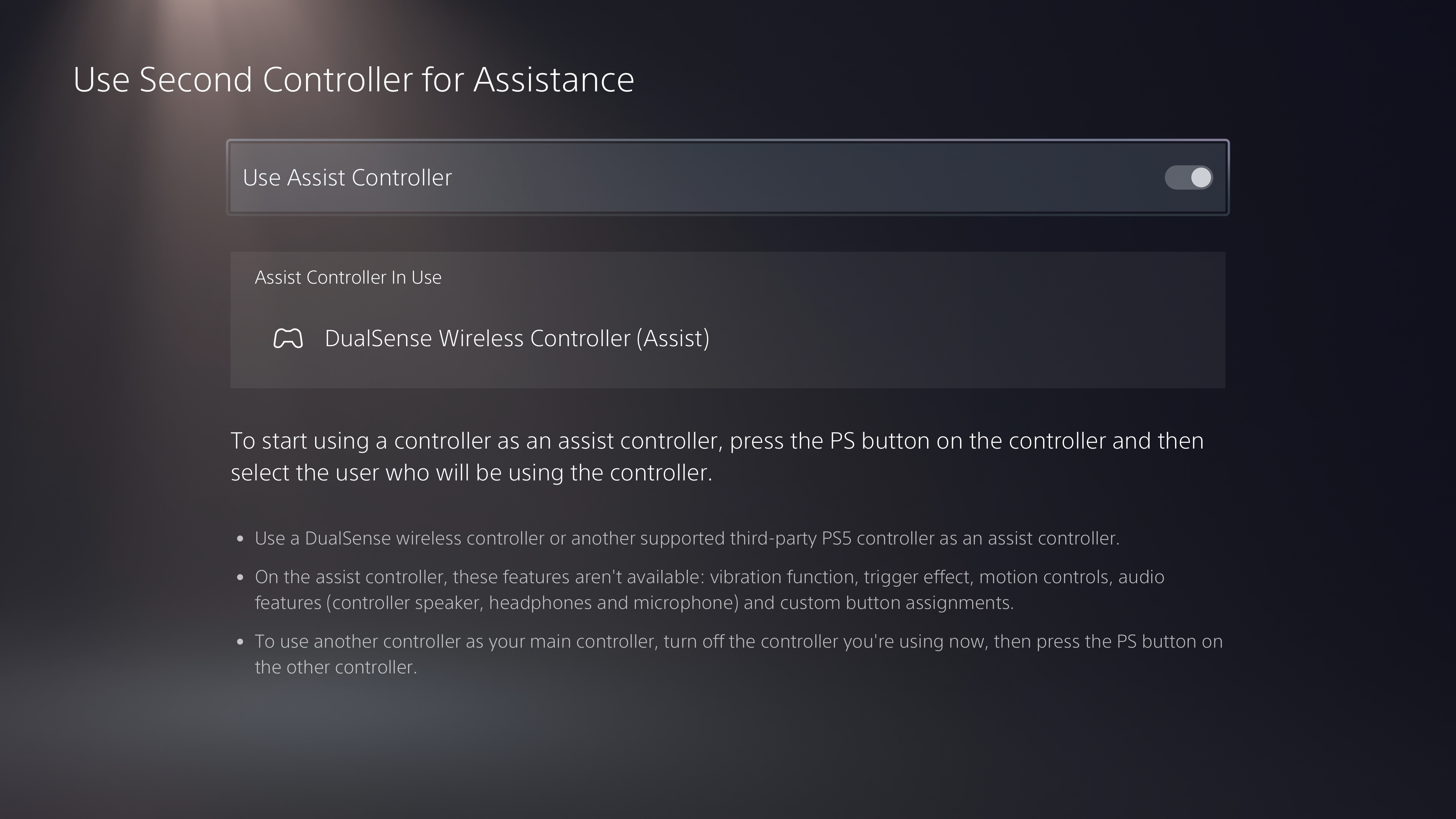 Screenshot showing the 'Use Second Controller for Assistance' screen on PS5. An onscreen slider is toggle on for 'Use Assist Controller'.