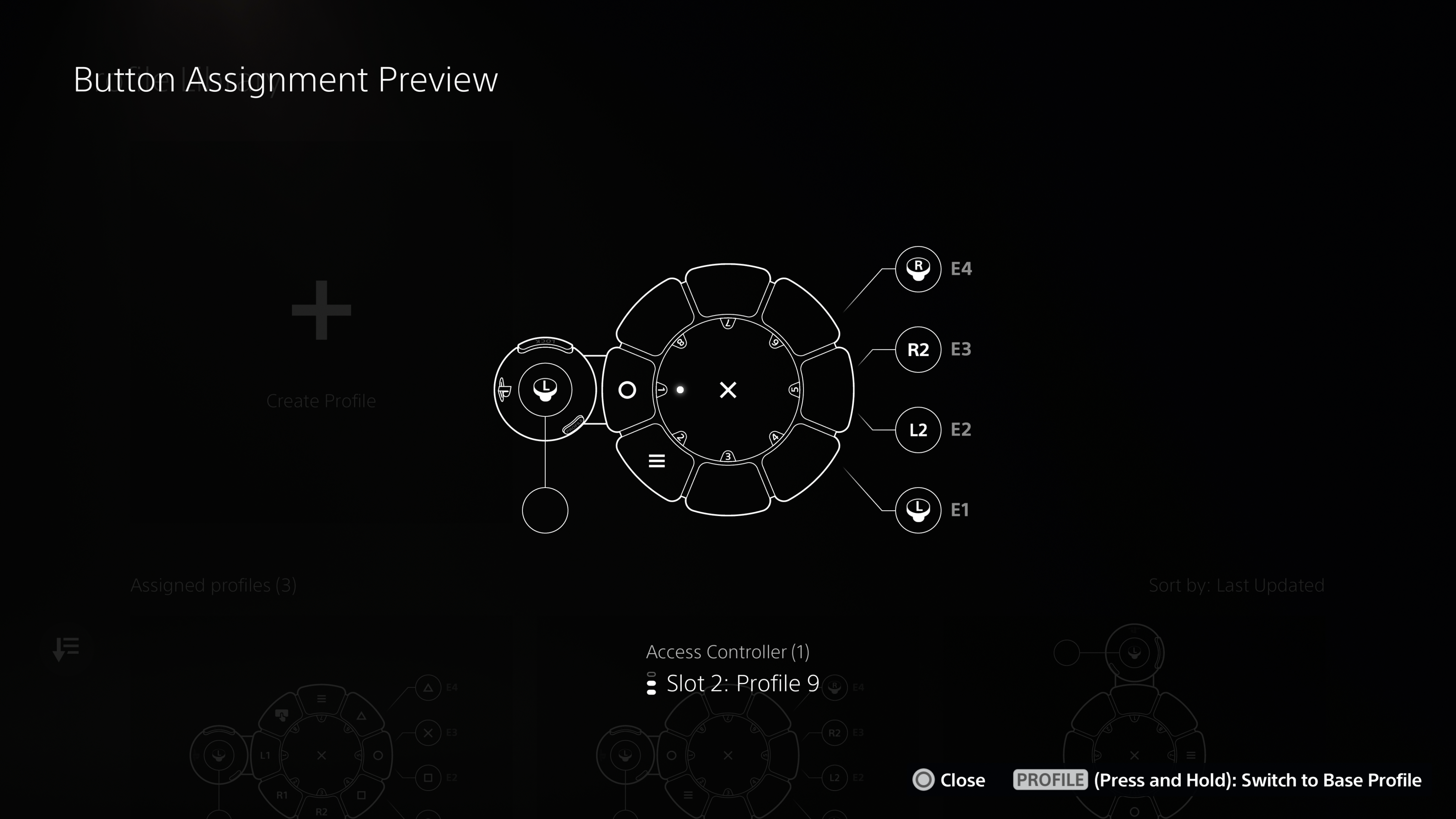 A screenshot of a Button Assignment Preview on the PS5 console showing Left Stick mapped to E1, L2 mapped to E2, R2 mapped to E3 and Right Stick mapped to E4.