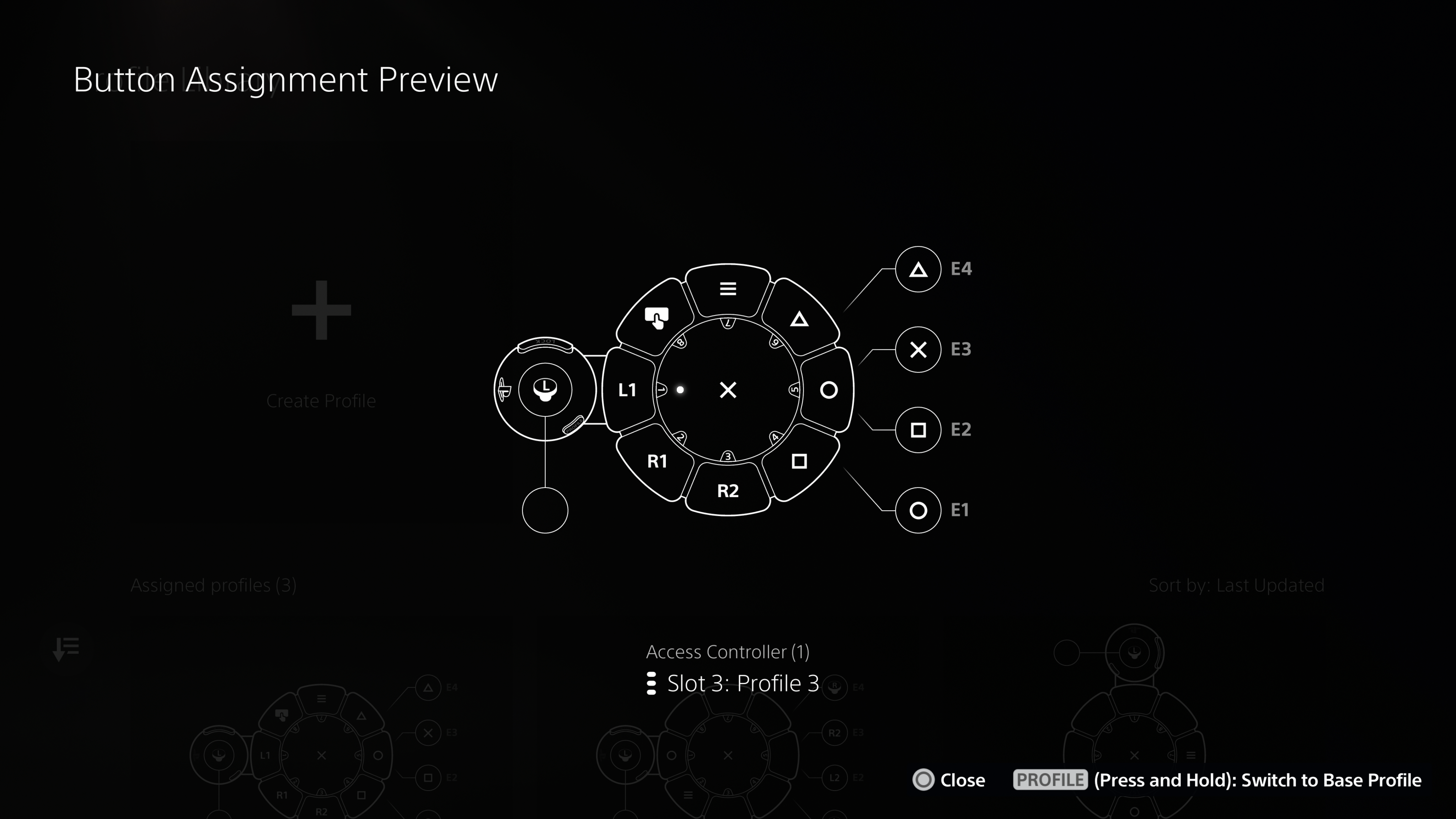 A screenshot of a Button Assignment Preview on the PS5 console showing Circle mapped to E1, Square mapped to E2, Cross mapped to E3 and Triangle mapped to E4.