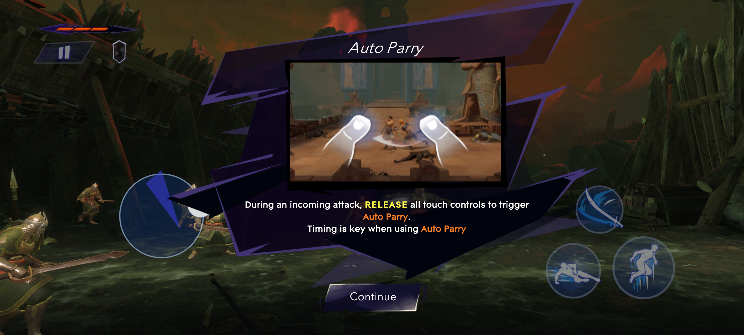 Screenshot showing the  Auto Parry tutorial for touch controls, stating that all touch controls need to be released to use it during an incoming attack.