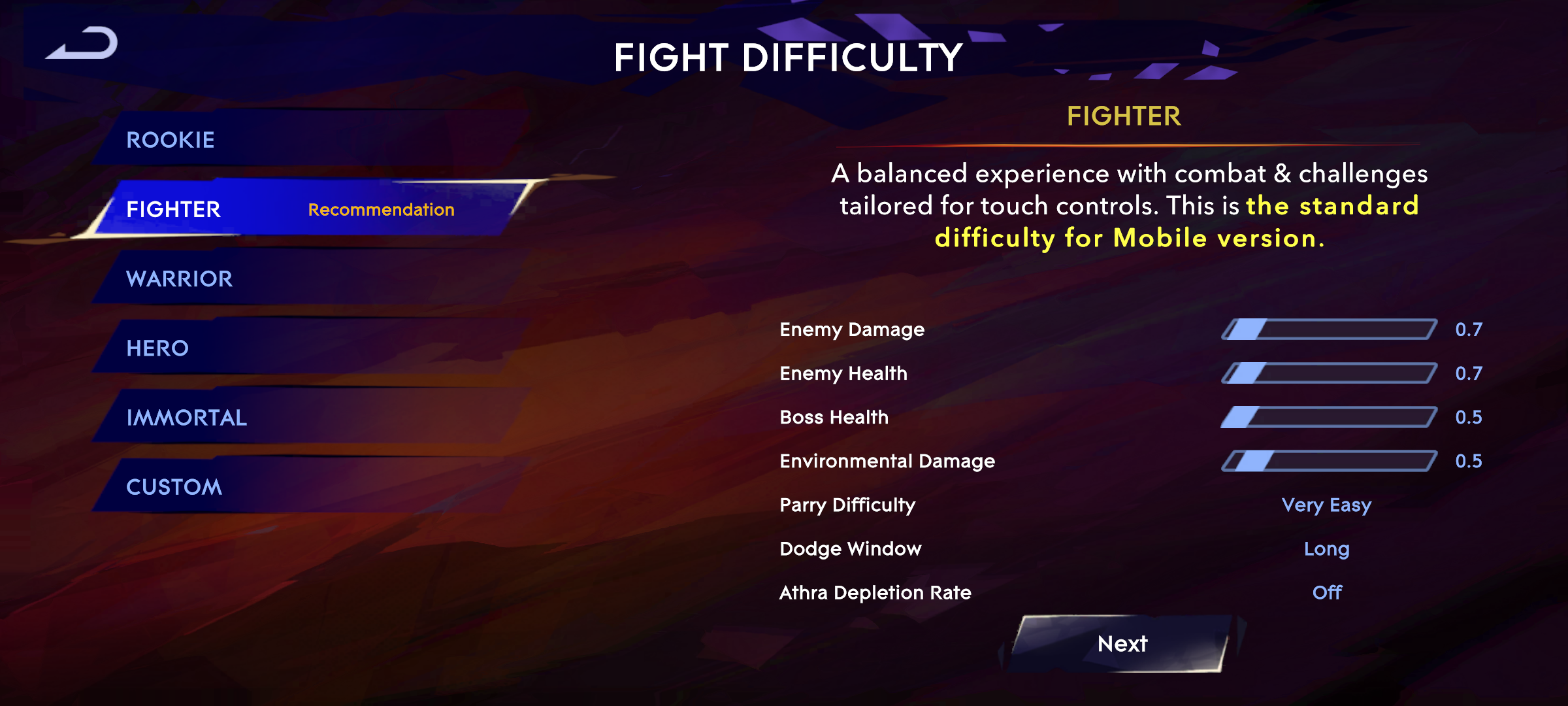 Screenshot of the Fight Difficulty settings.