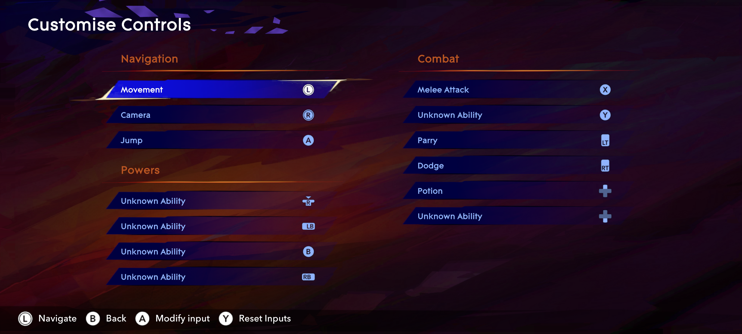 Screenshot showing the Customise Controls screen for remapping game controllers.