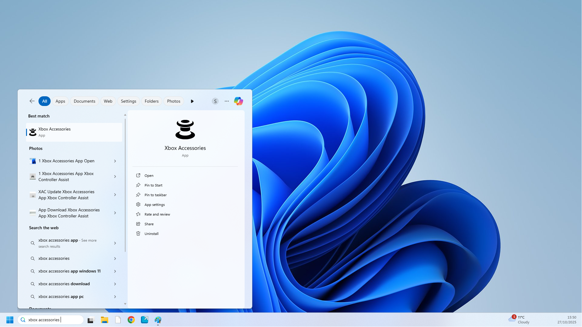 Screenshot showing the Xbox Accessories App icon within Windows 11's search.