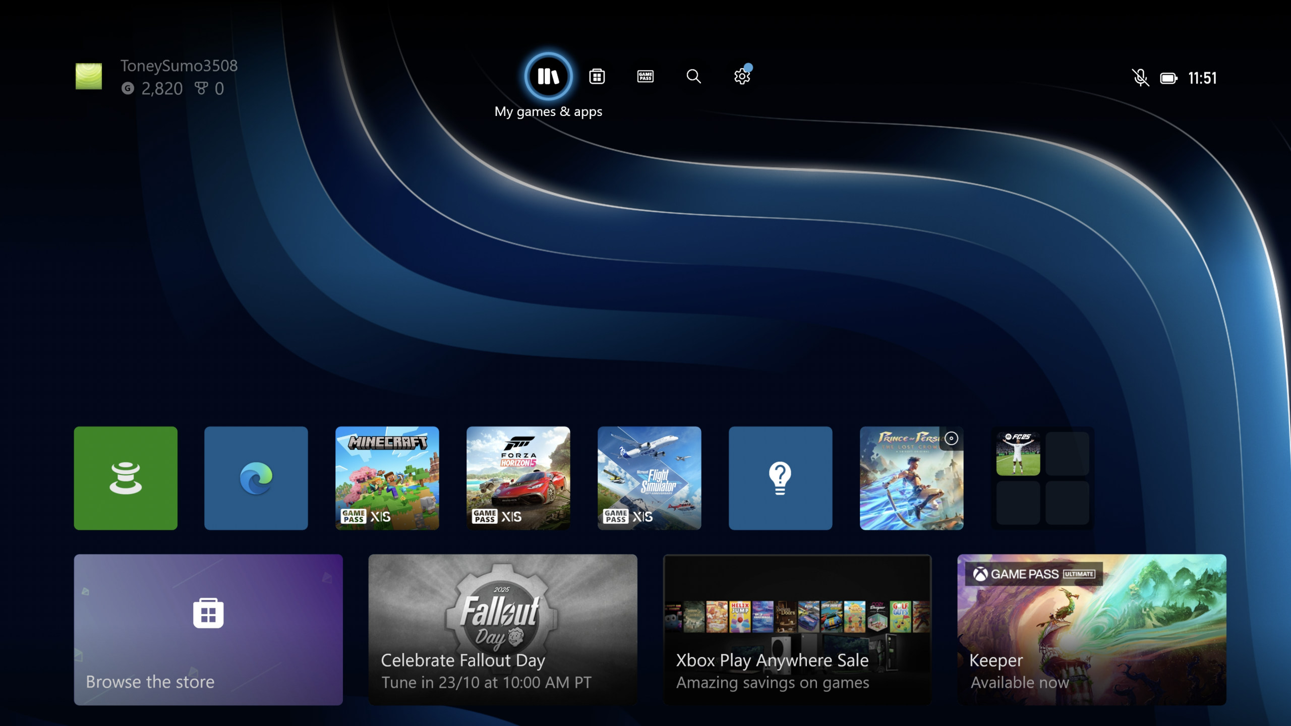 Screenshot of the My games & apps icon highlighted within the Xbox's home screen.