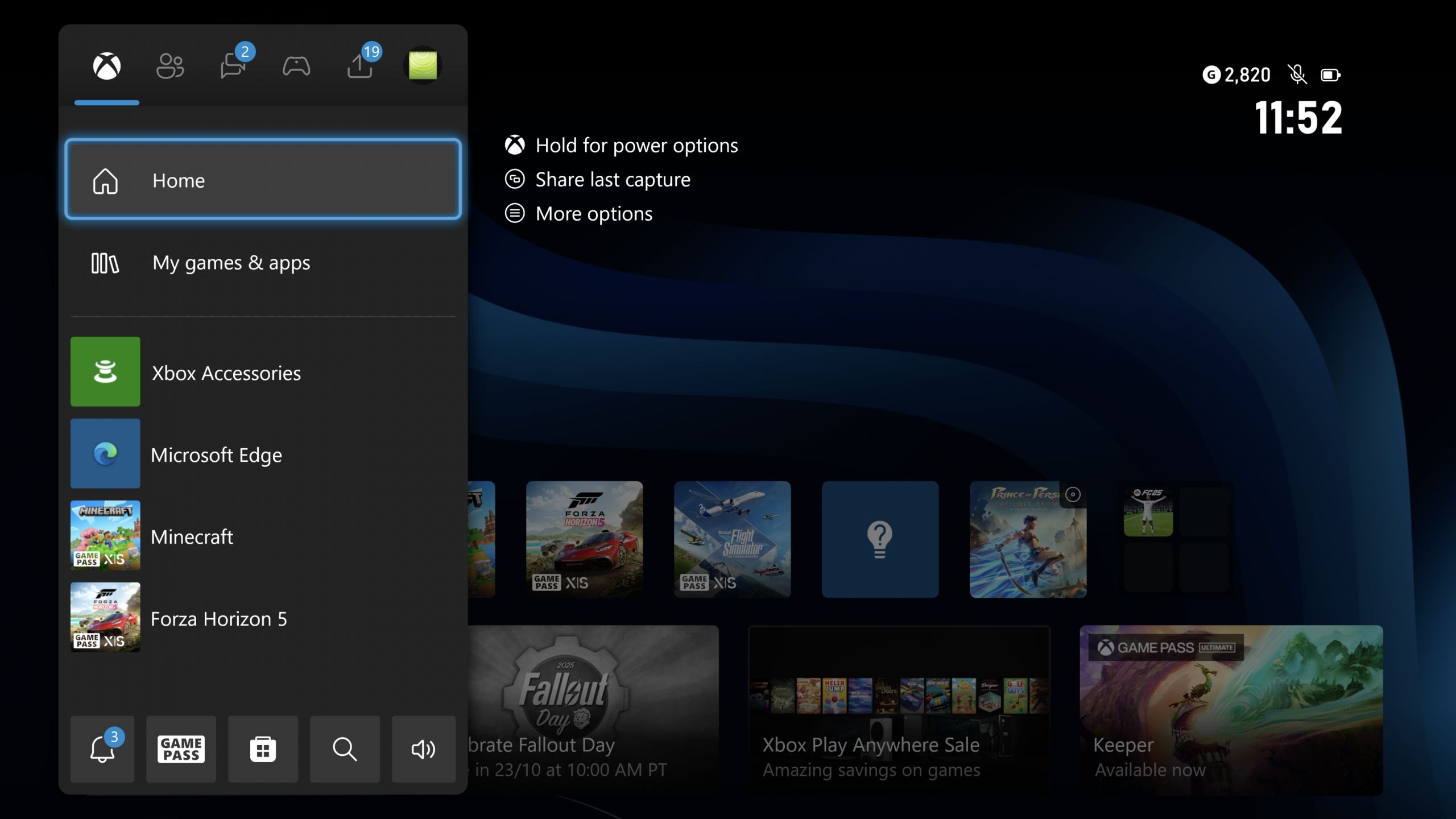 Screenshot of Xbox Guide menu open over the home screen.