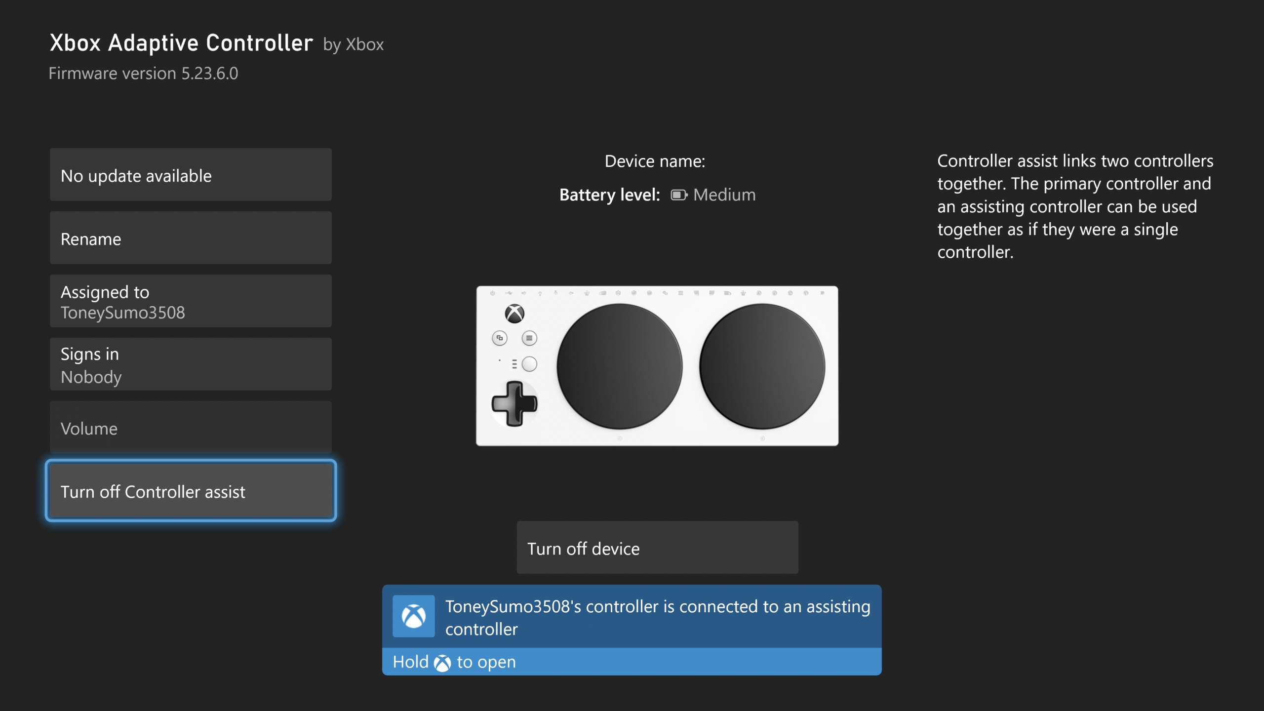 Screenshot of a message alerting that an assisting controller having been connected in the controller screen within the Xbox Accessories App.
