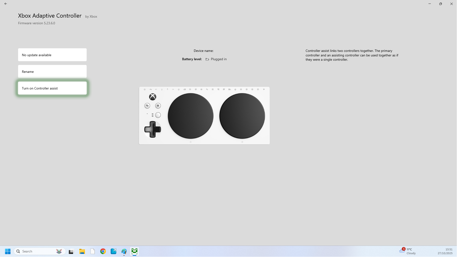 Screenshot of the Xbox Accessories App's More Options screen for an Xbox Adaptive Controller and the Turn on Controller assist onscreen button highlighted.