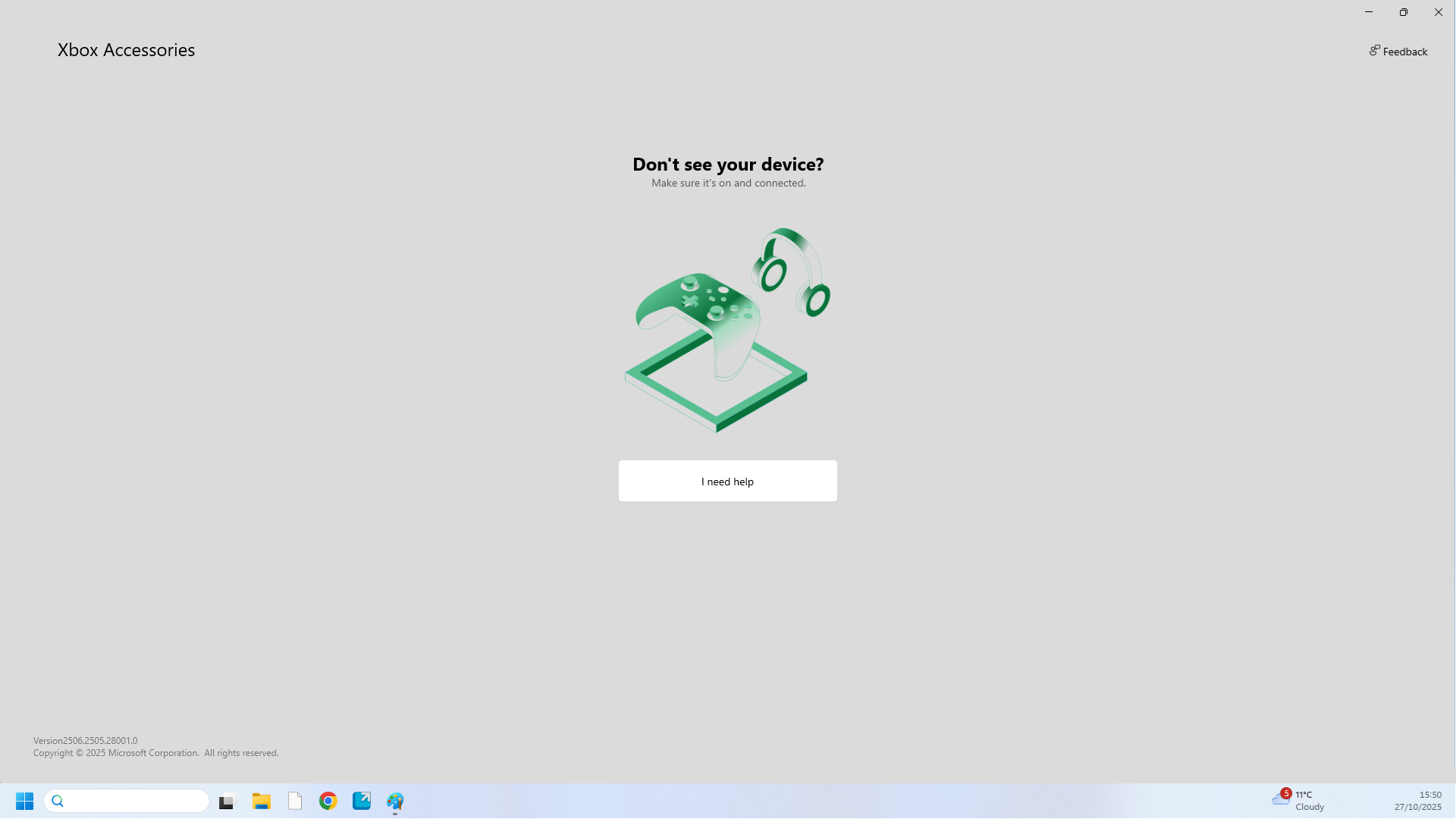 Screenshot of the Xbox Accessories App open with Don't see your device? written onscreen.