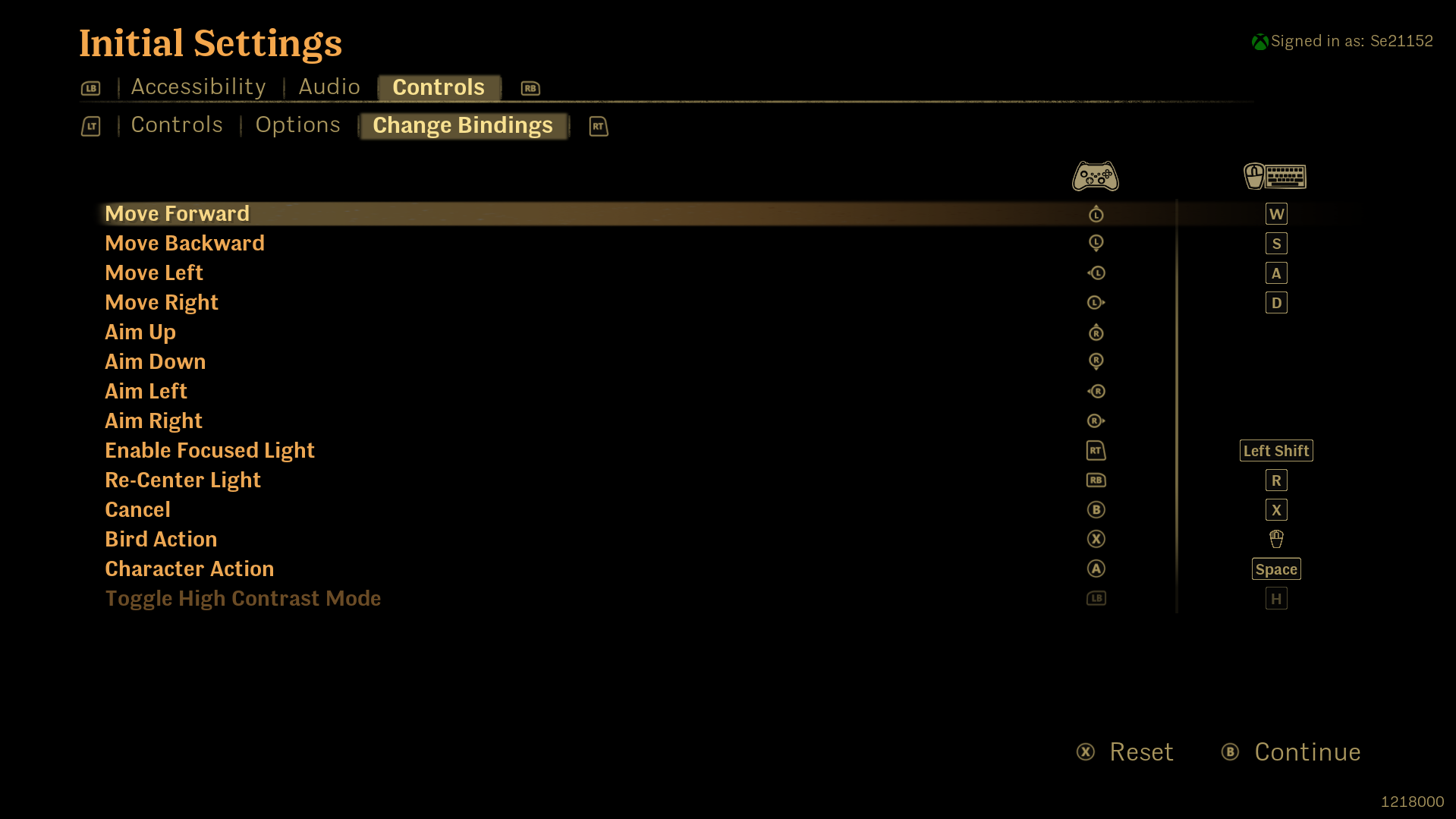 Screenshot showing the 'Change binding' screen in the menu. there are a list of the in-game actions on the left and a list of the controller inputs and keyboard and mouse inputs on the right.