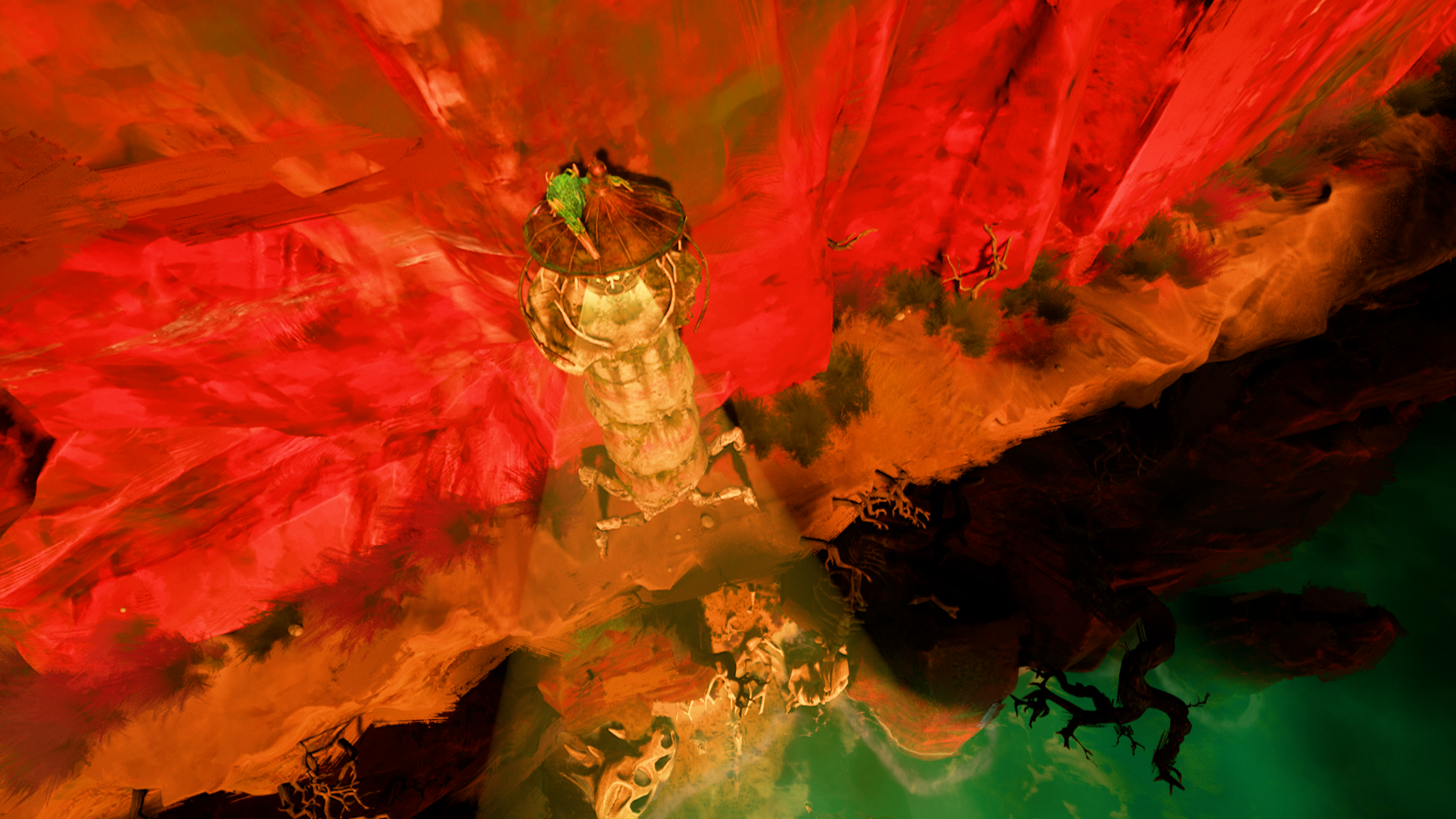Screenshot showing a lighthouse with four legs and a bird on its top. It has its back to a siding along a narrow path with its back to a mountainside.