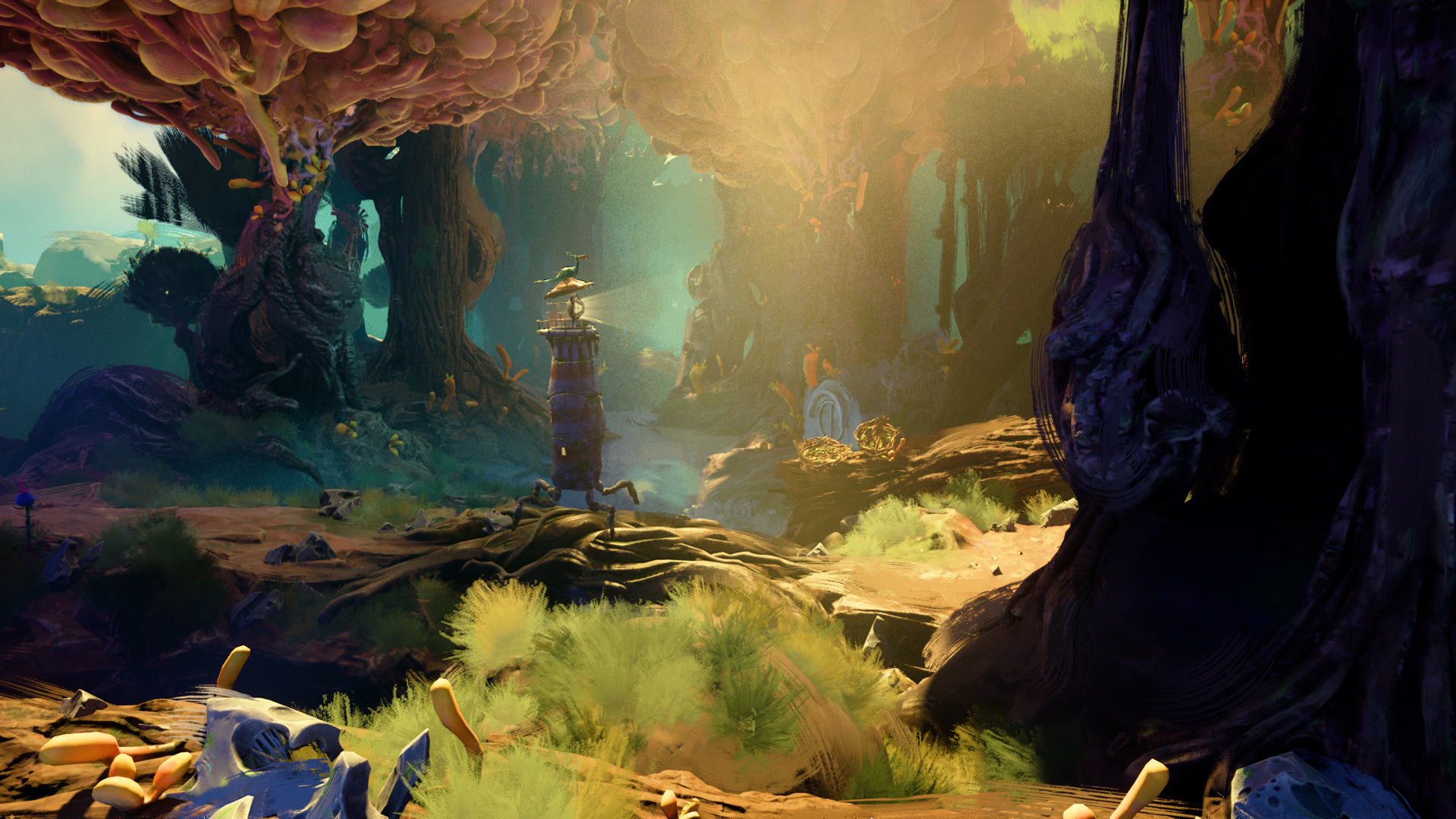Screenshot showing a lighthouse with four legs walking on a path through a wooden area. There is a bird sat on top of it.