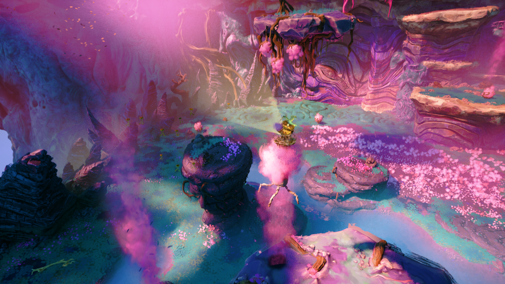 Screenshot showing a lighthouse with four legs and a bird on its top and covered in a pink cloud-like substance. It has legs and is floating above a geezer with pink smoke coming out of it and moving towards a rocky platform.