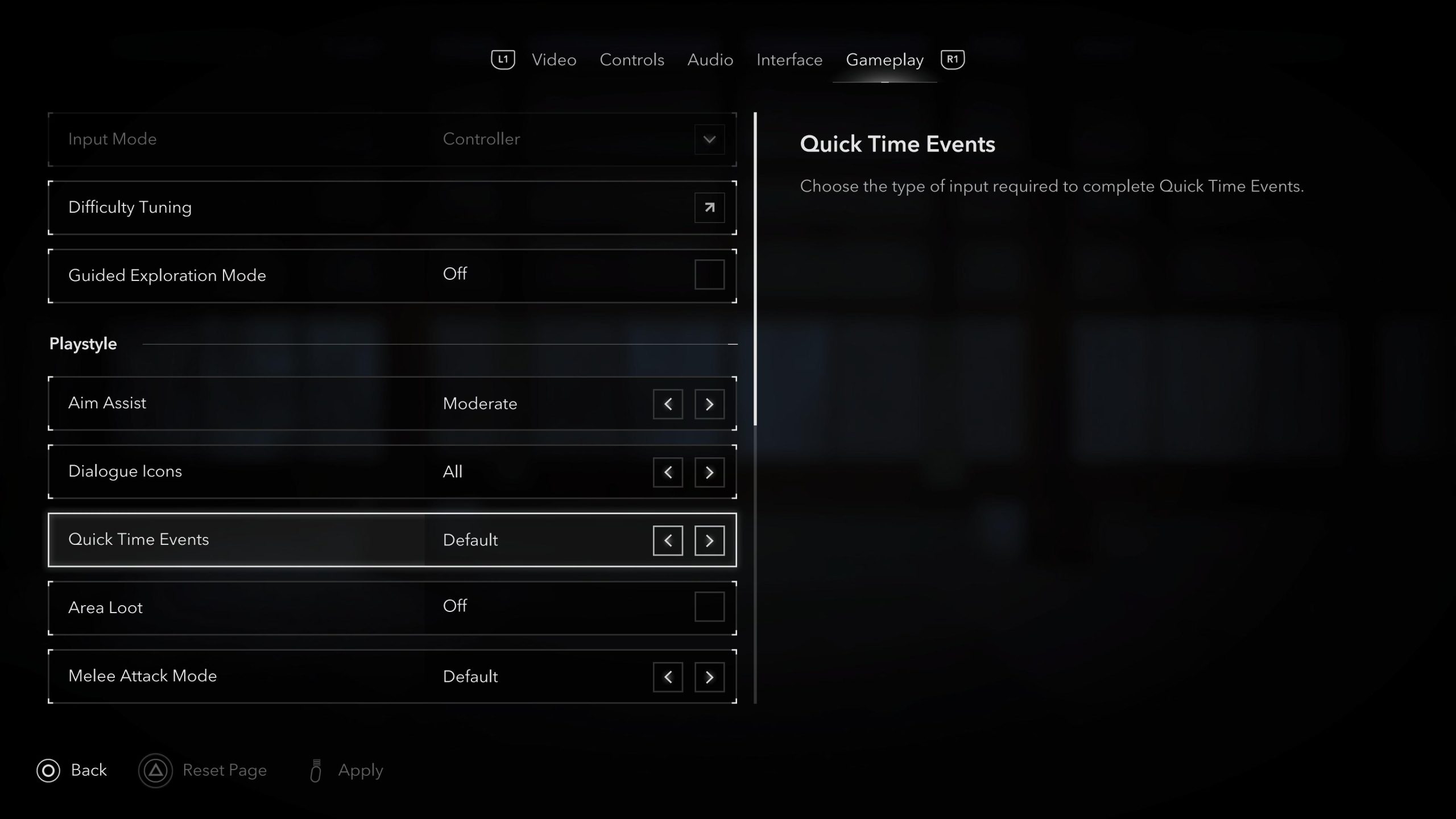 Screenshot of the QTE settings in the game.