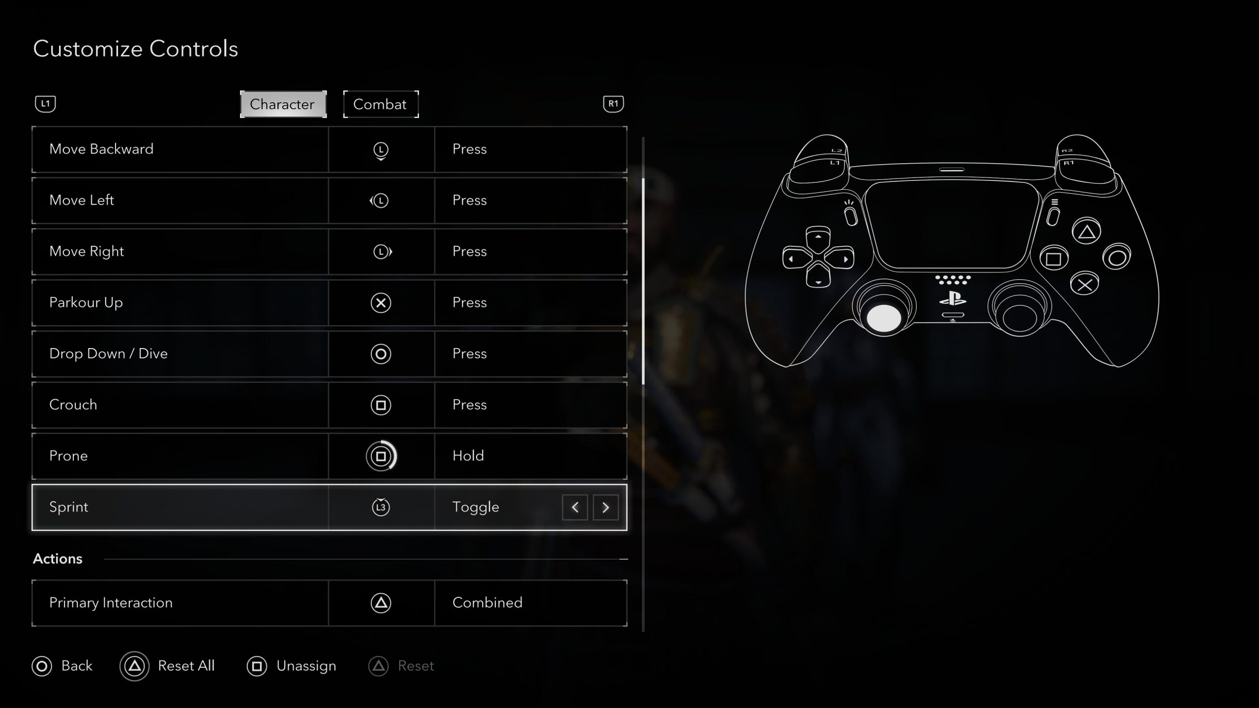 Screenshot of the Customise controls menu in the game.