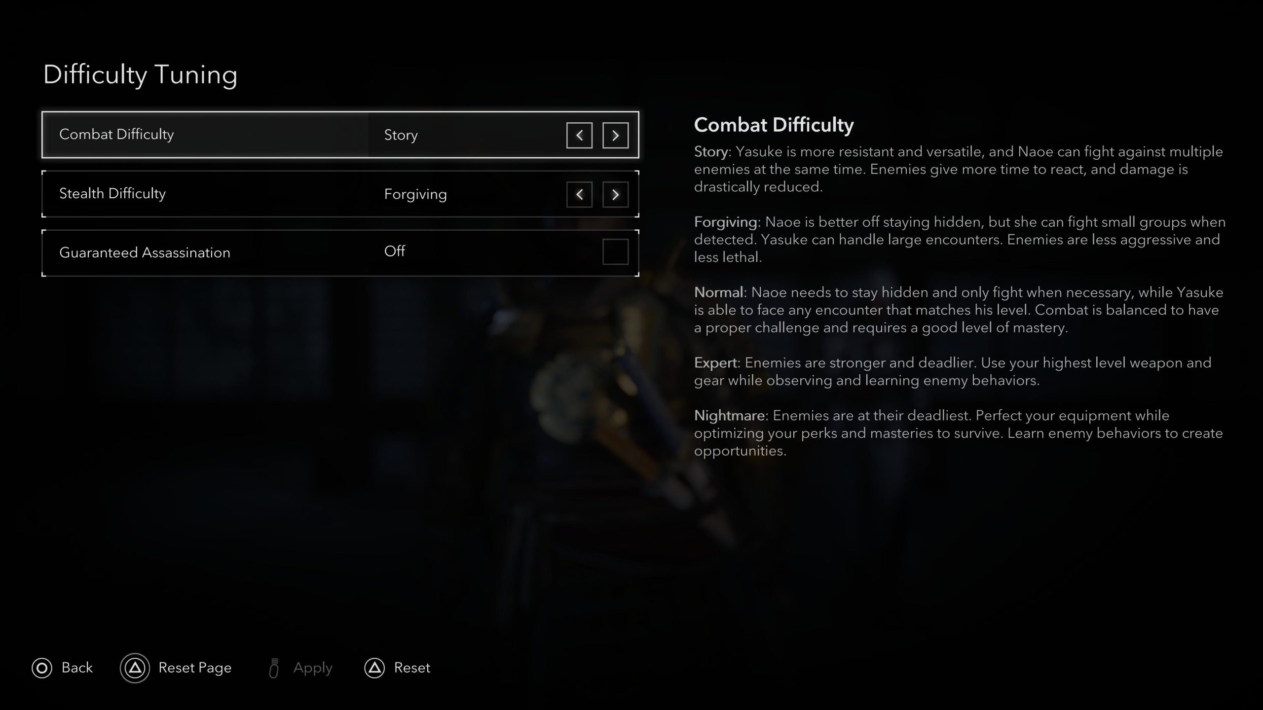 Screenshot of the combat difficulty option within the menu.