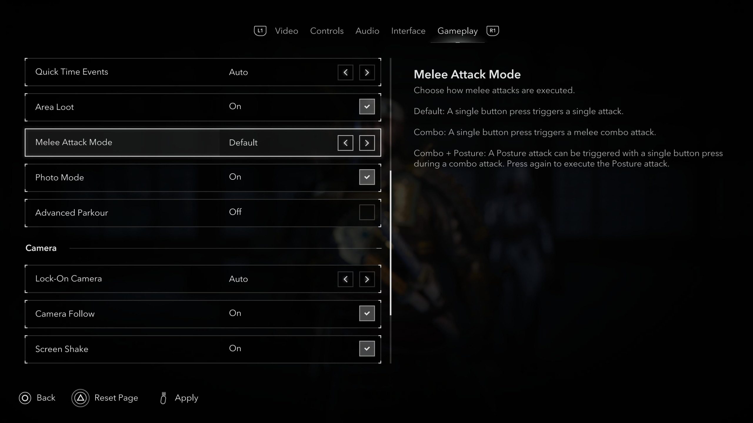 Screenshot showing the Melee Attack options in the menu.