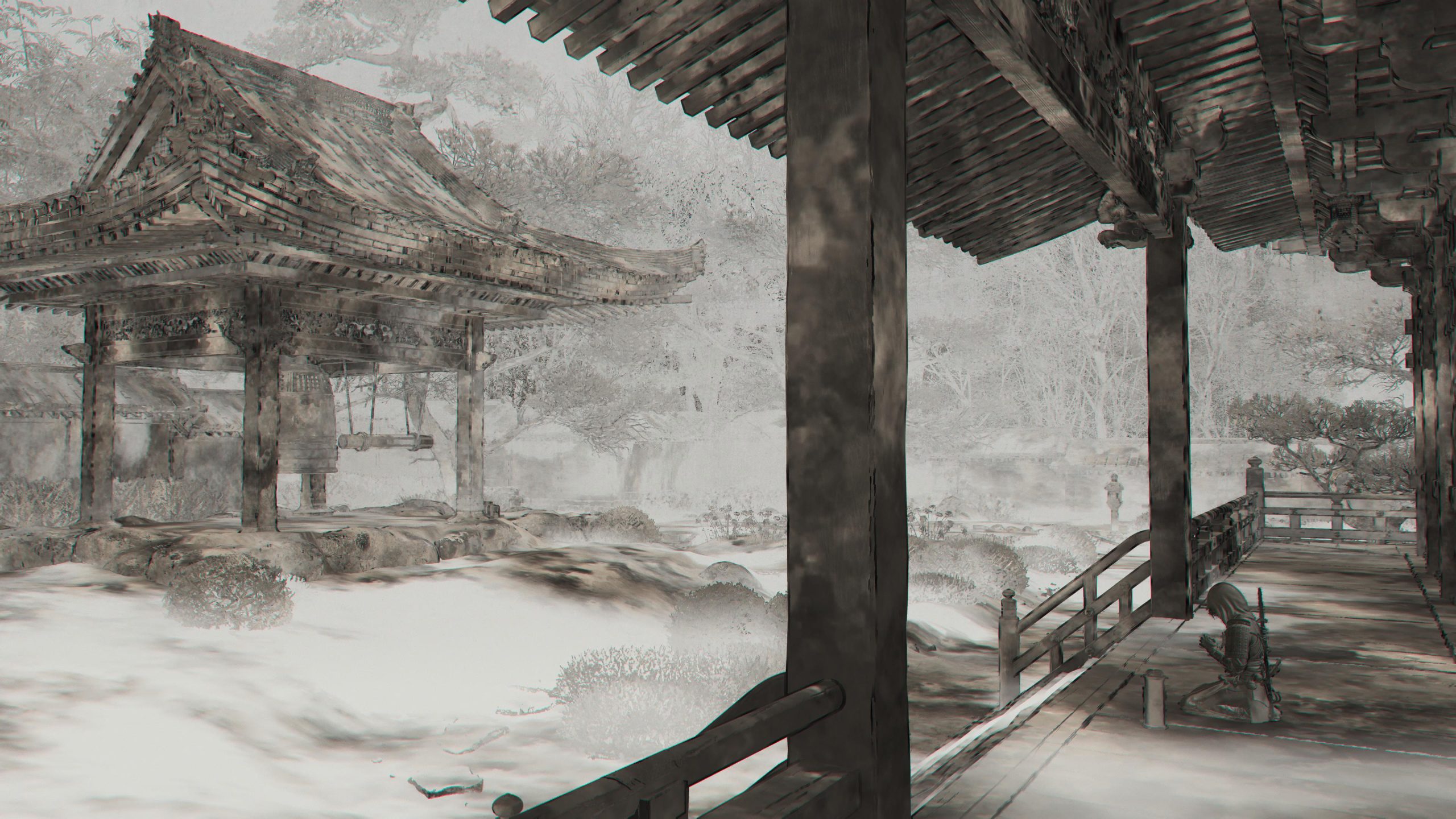 Screenshot of Naoe's QTE scene showing her sitting down amid a shrine.