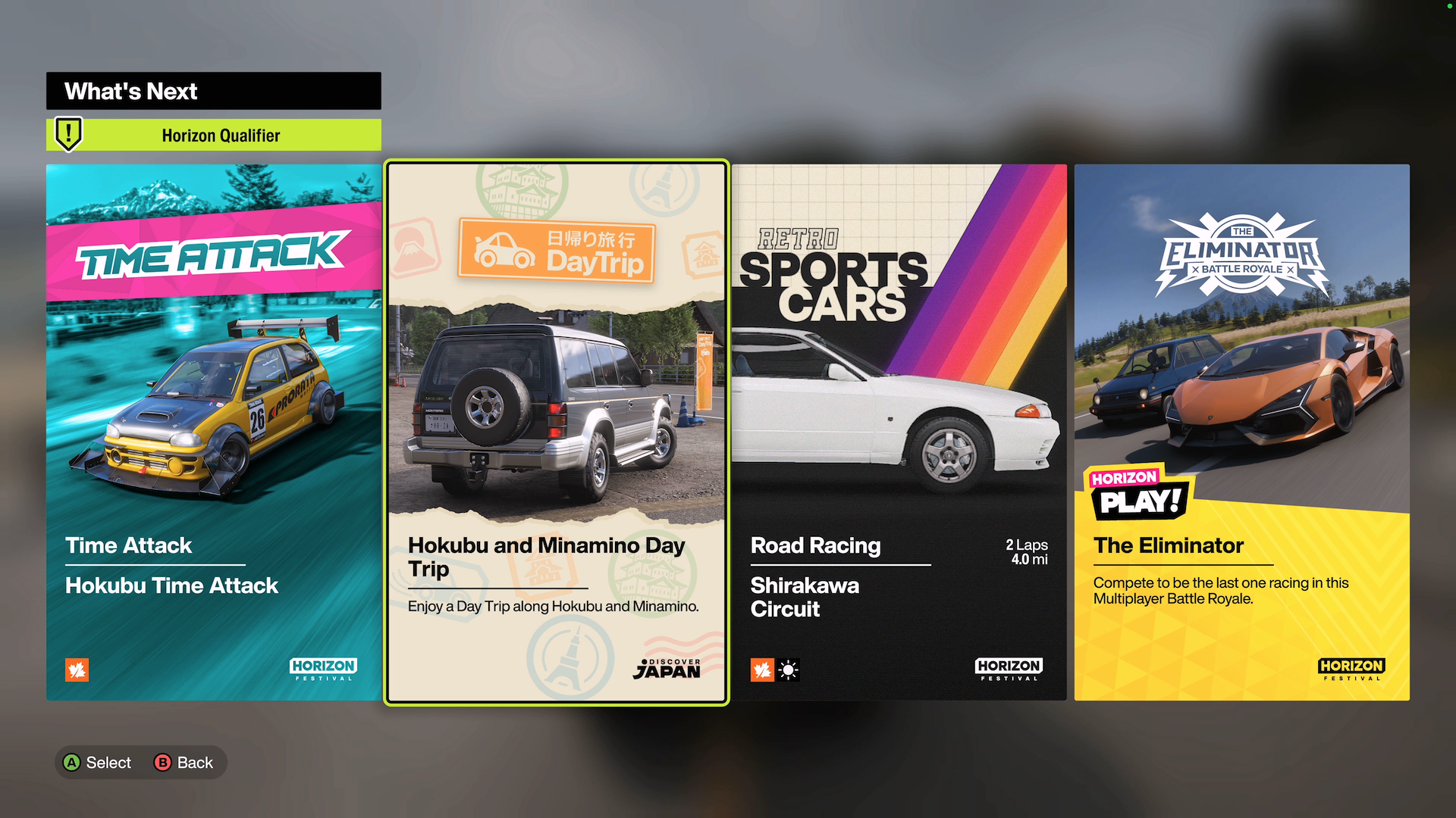 Screenshot showing the 'What's Next' screen with some of the challenges available early in the game. These include a time attack, a day trip, road racing and The Eliminator.