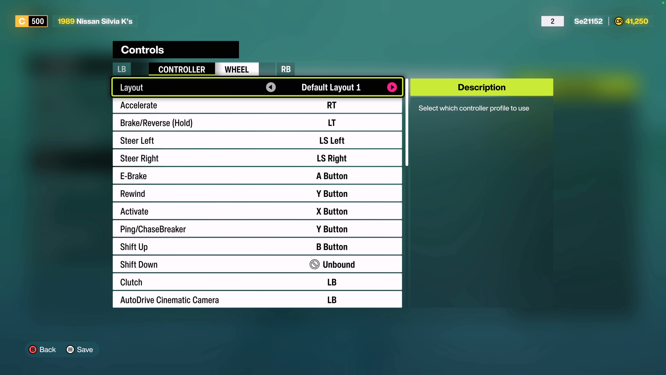 Screenshot showing the Controls menu and the controller layout screen with the default controls listed for Layout 1.