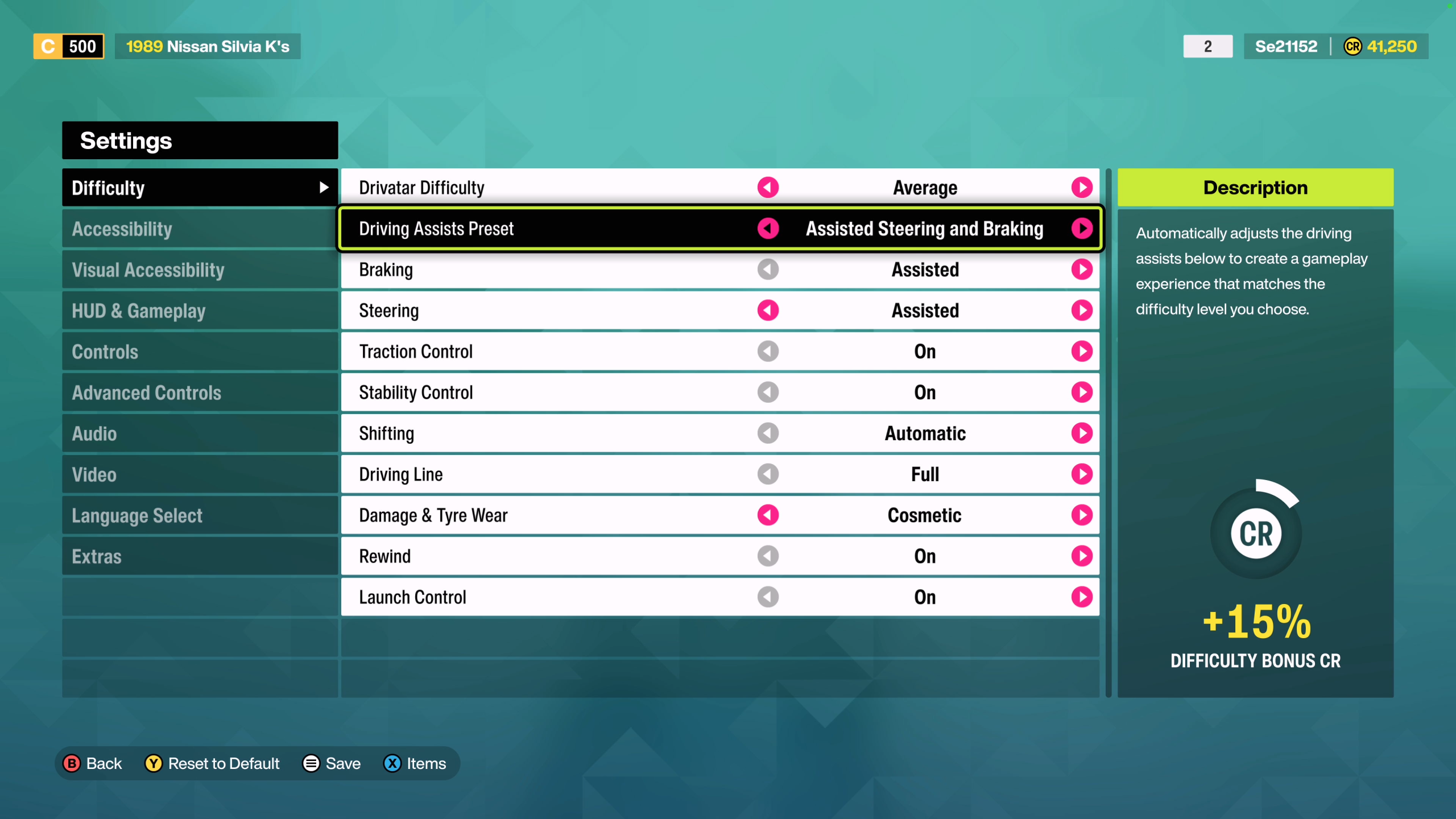 Screenshot showing the Difficulty menu. The Driving Assist Preset is highlighted.