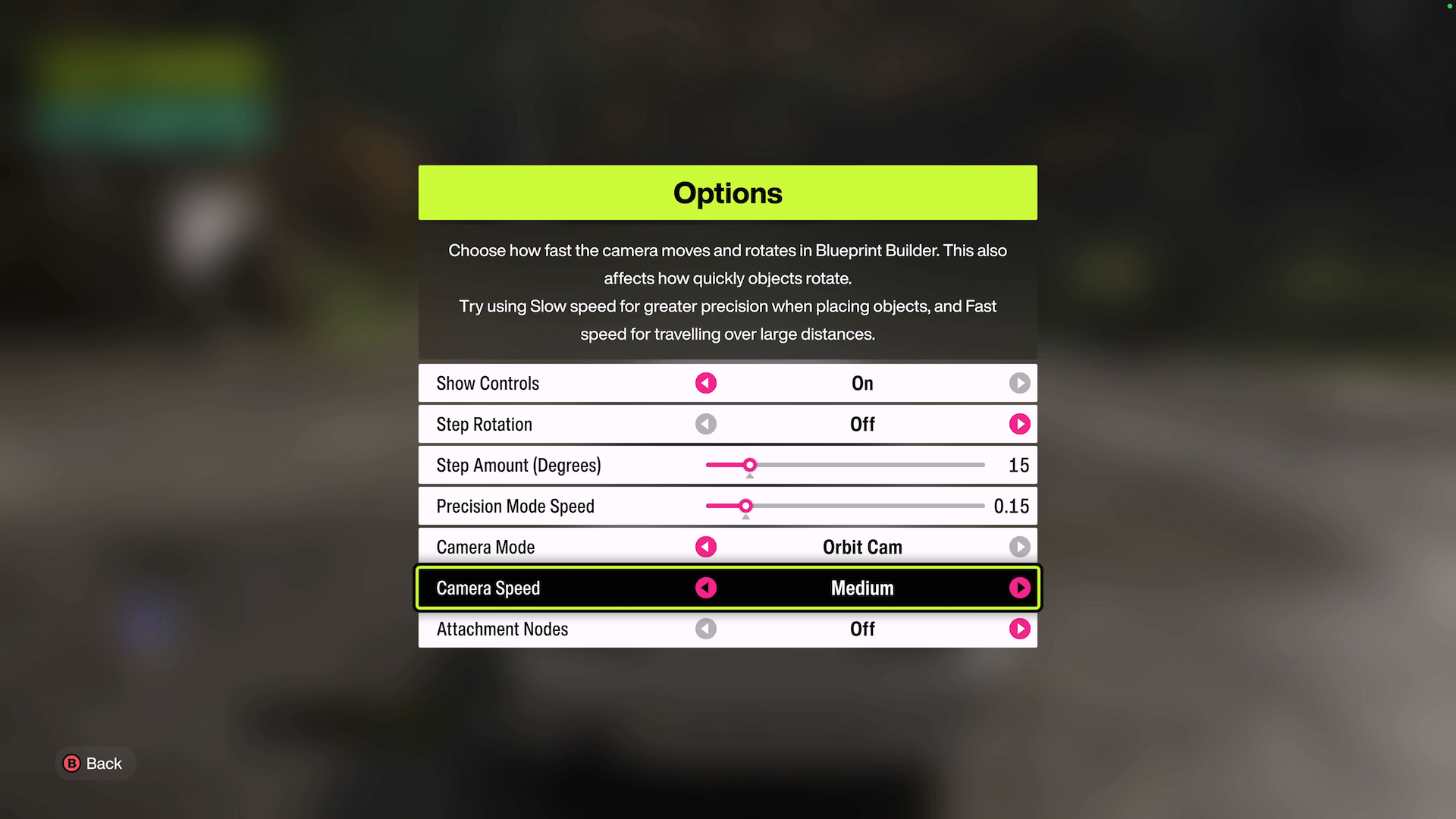 Screenshot showing an Options menu for when in Estate Build Mode. The Camera Speed option is highlighted.