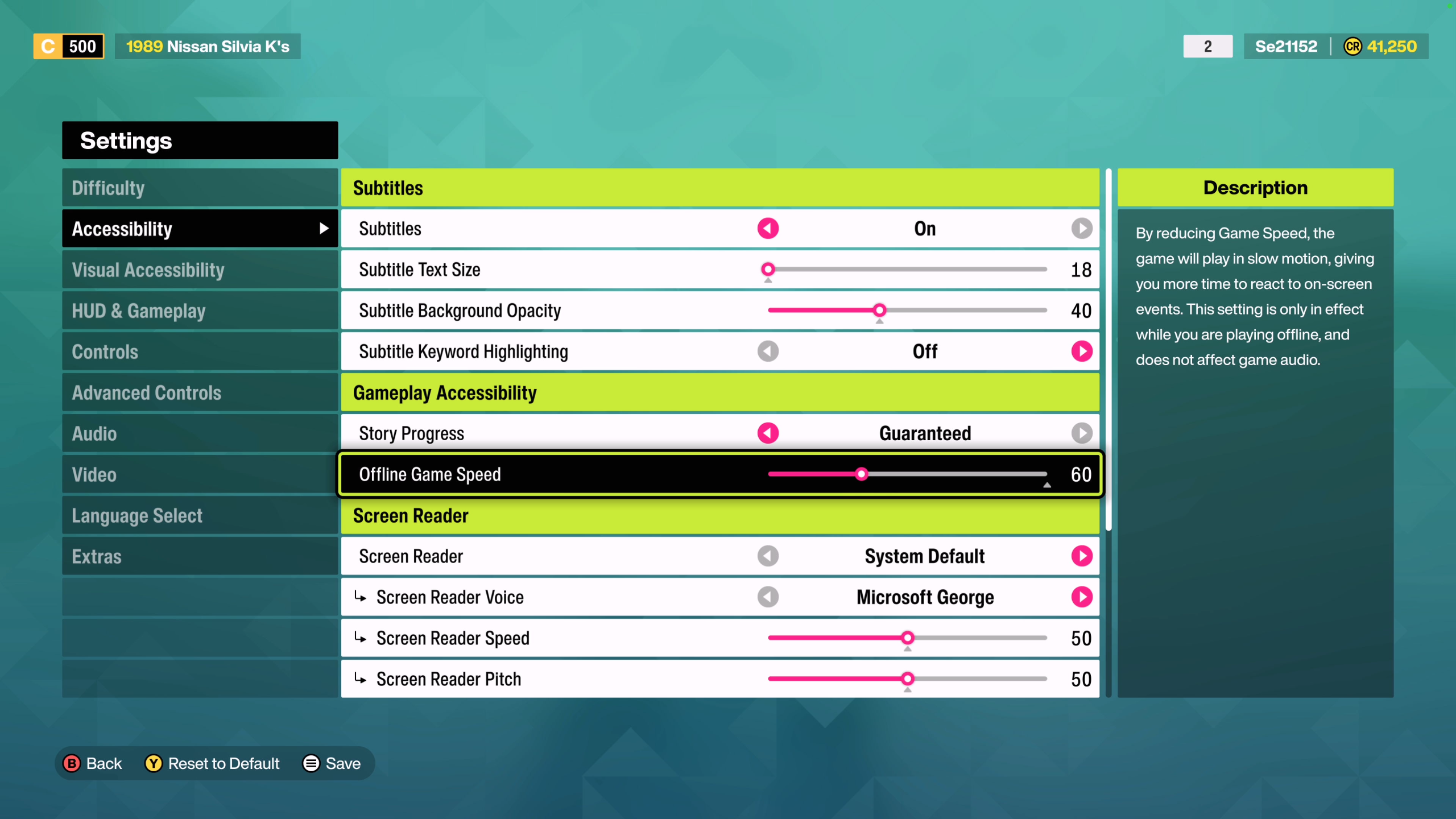 Screenshot showing the Accessibilty menu, with the Offline Game PSeed option highlighted.