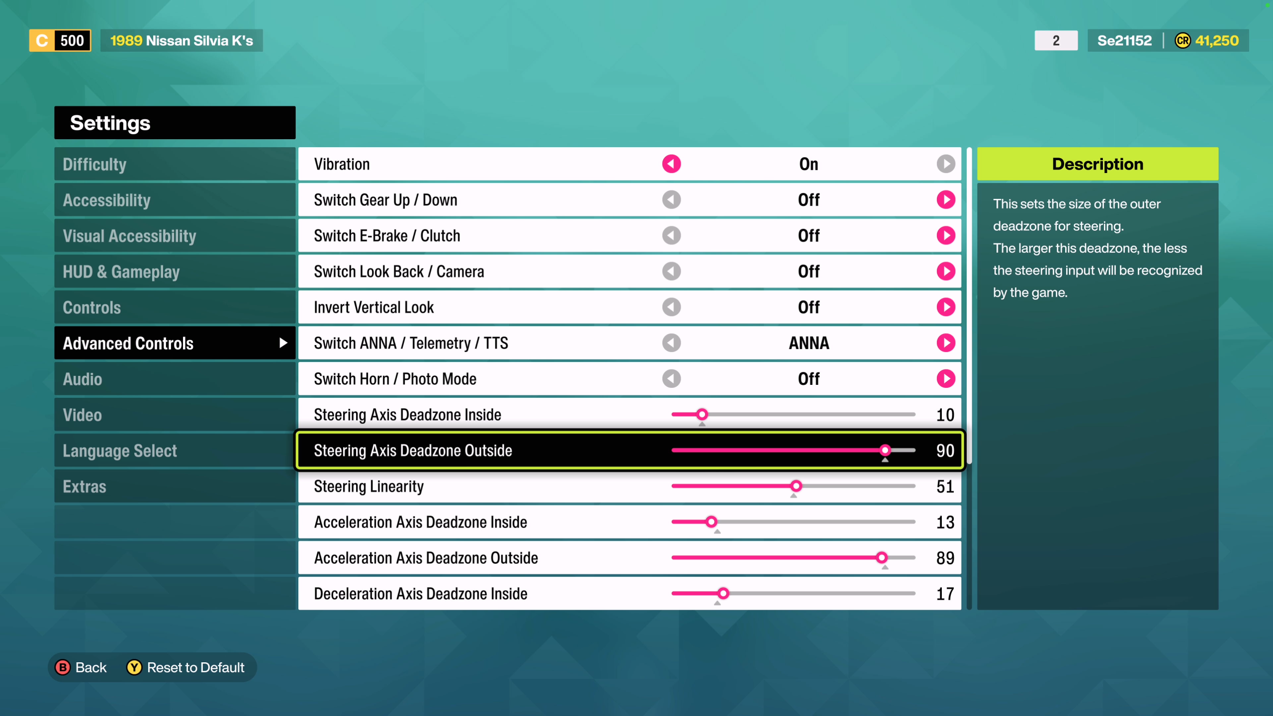 Screenshot showing the Advanced Controls menu, with the 'Steering Axis DeadZone Outside' option highlighted.