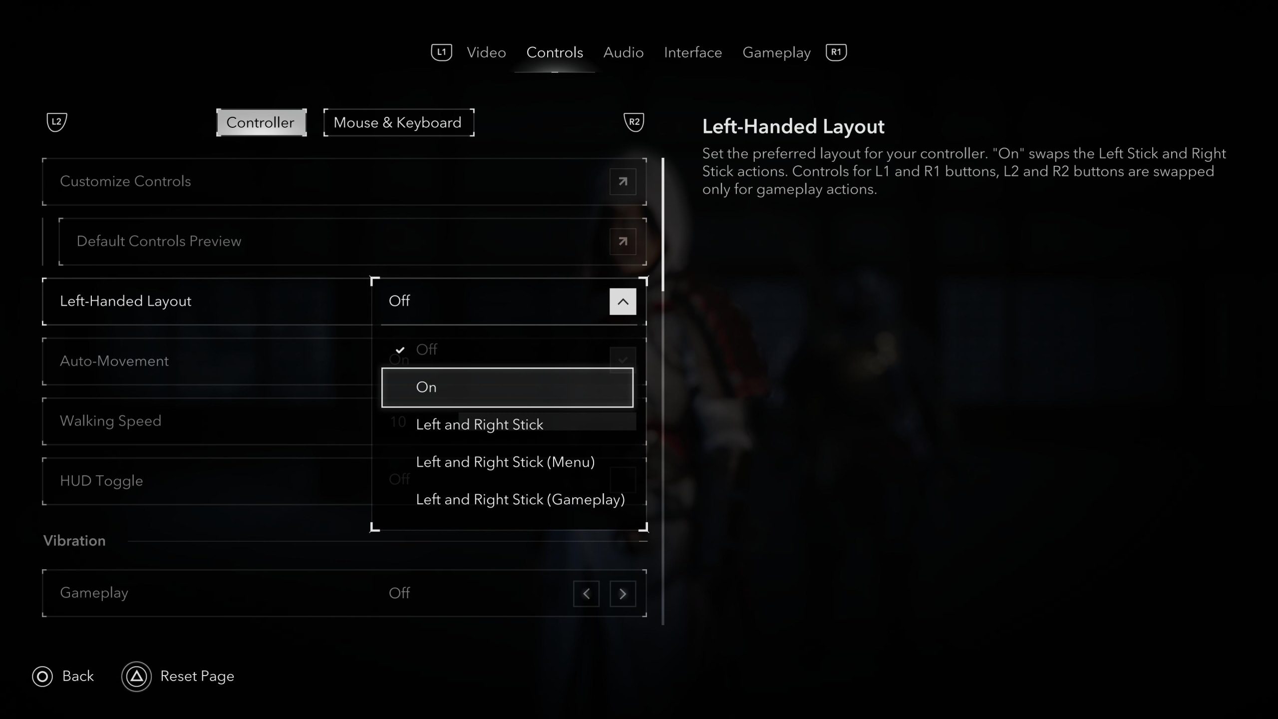 Screenshot of the Left handed setting in the game menu.